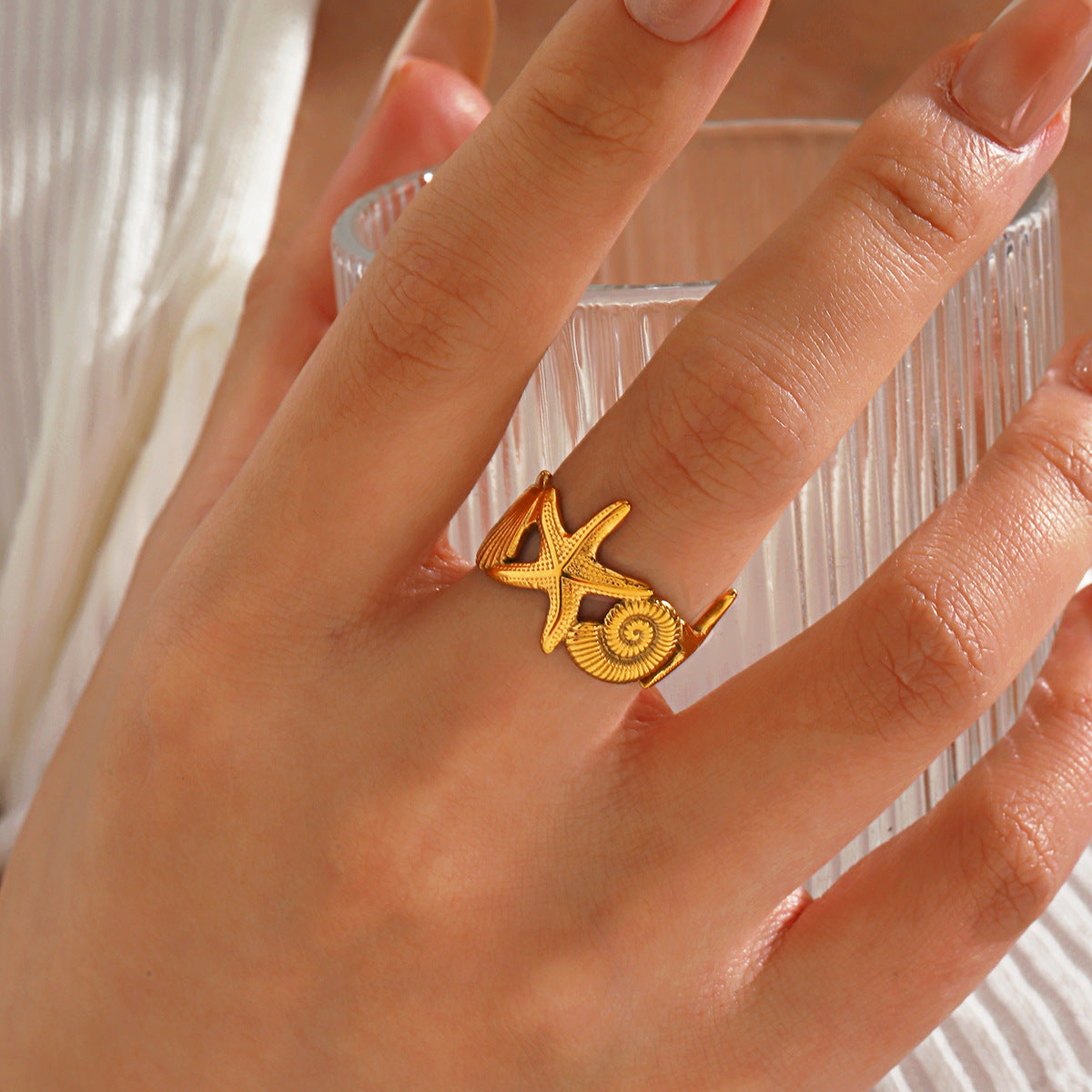 Wholesale Starfish Stainless Steel Open Ring Ocean Vacation Style Jewelry Accessory