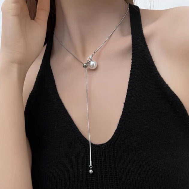 Wholesale  Titanium Steel pearl necklace  Light luxury  y-shaped  long clavicle chain