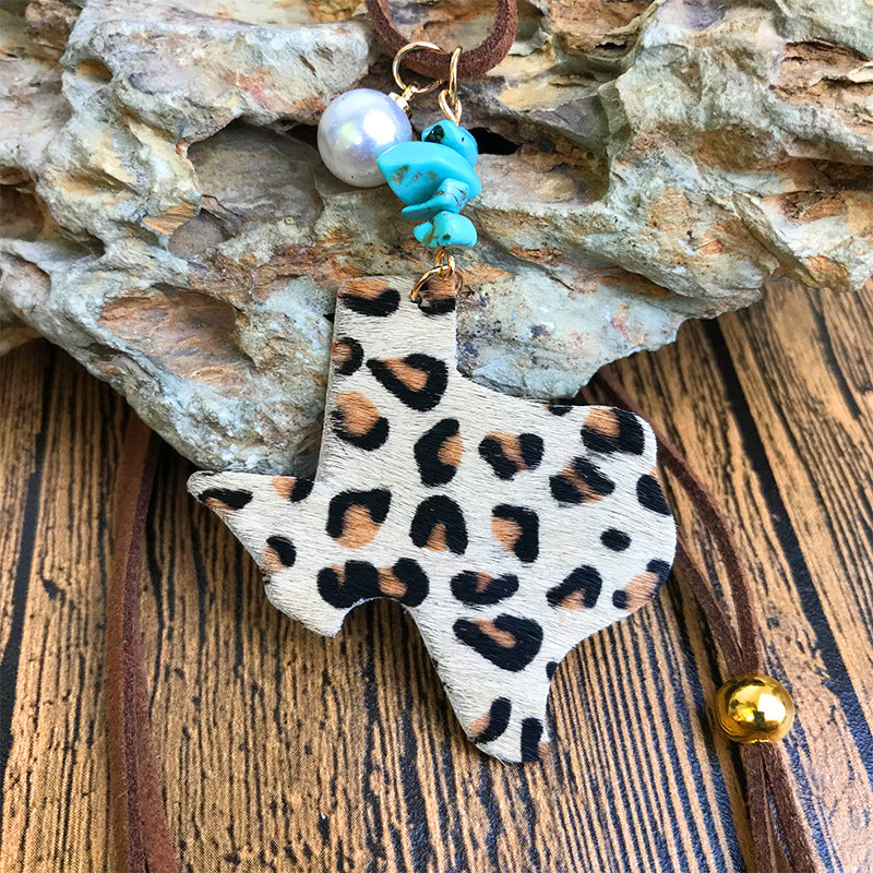 Wholesale 3pcs/pack Western Style Cow Head Texas Map Leopard Print Turquoise Pearl Cowhide Leather Necklace