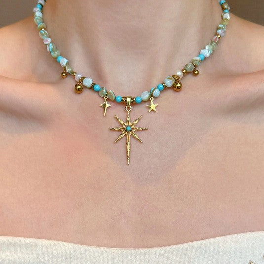 Wholesale Retro Bohemian Beaded Necklace Mixed Materials Alloy Pendant Fashion Jewelry Accessory