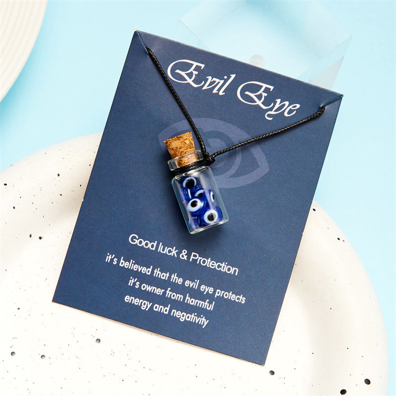 Wholesale  Fashion Devil's Eye Glass bottle pendant card wax rope necklace