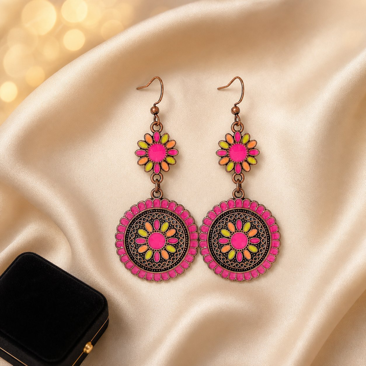 Wholesale Bohemian Geometric Round Oil Drop Earrings Bronze Red Alloy Flower Design Boutique Resale Jewelry Accessory