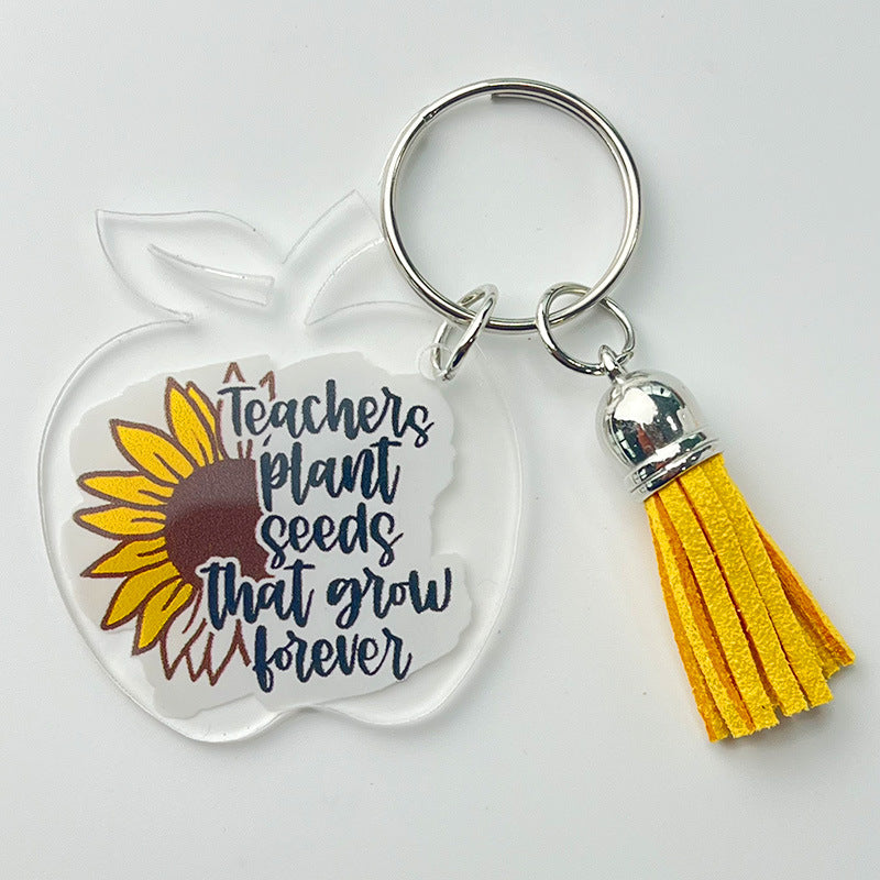Wholesale of 2pcs/pack Teacher Gifts, Thank-you Text, Apple, Sunflower, Tassels Acrylic Keychain ACC-KC-HY012