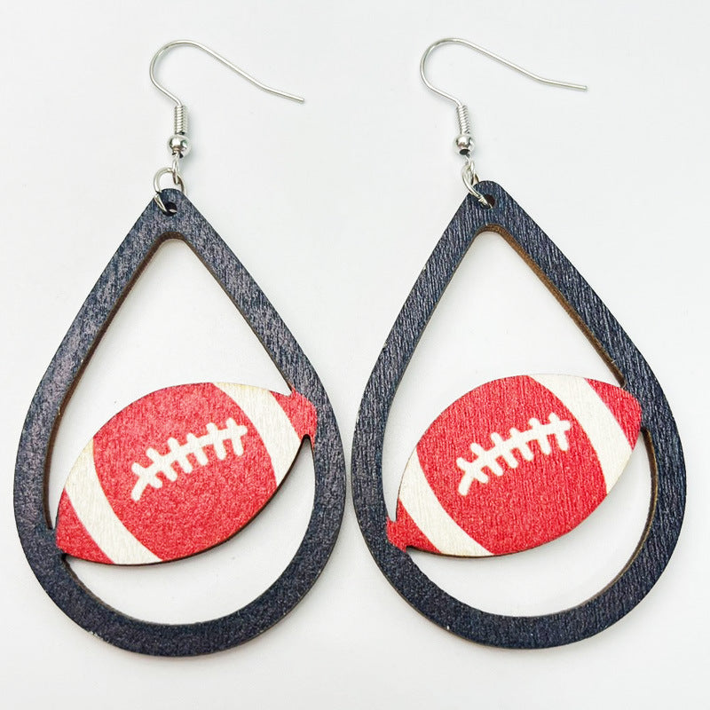 Wholesale 2pairs/pack Football Teardrop Shaped Cheerleading Sports Wooden Earrings ACC-ES-HY112