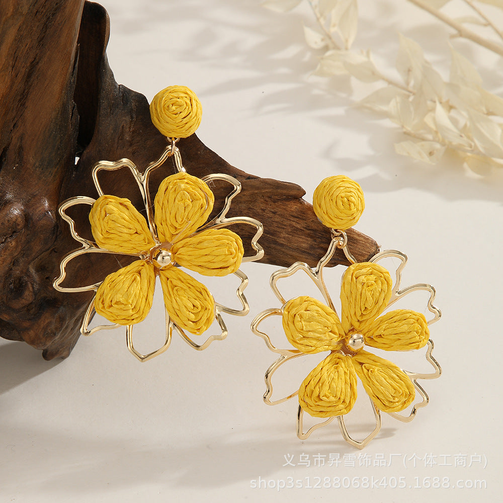 Wholesale Raffia woven summer flower earrings