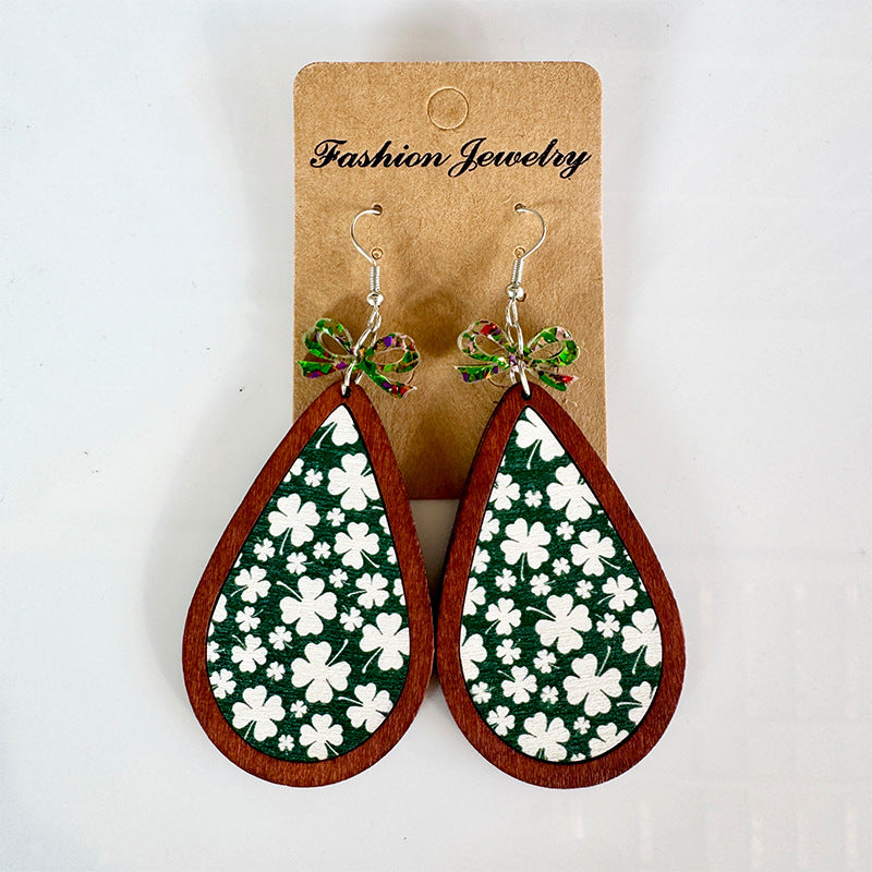 Wholesale Wooden St.  Patrick' s Day Bow Clover Earrings