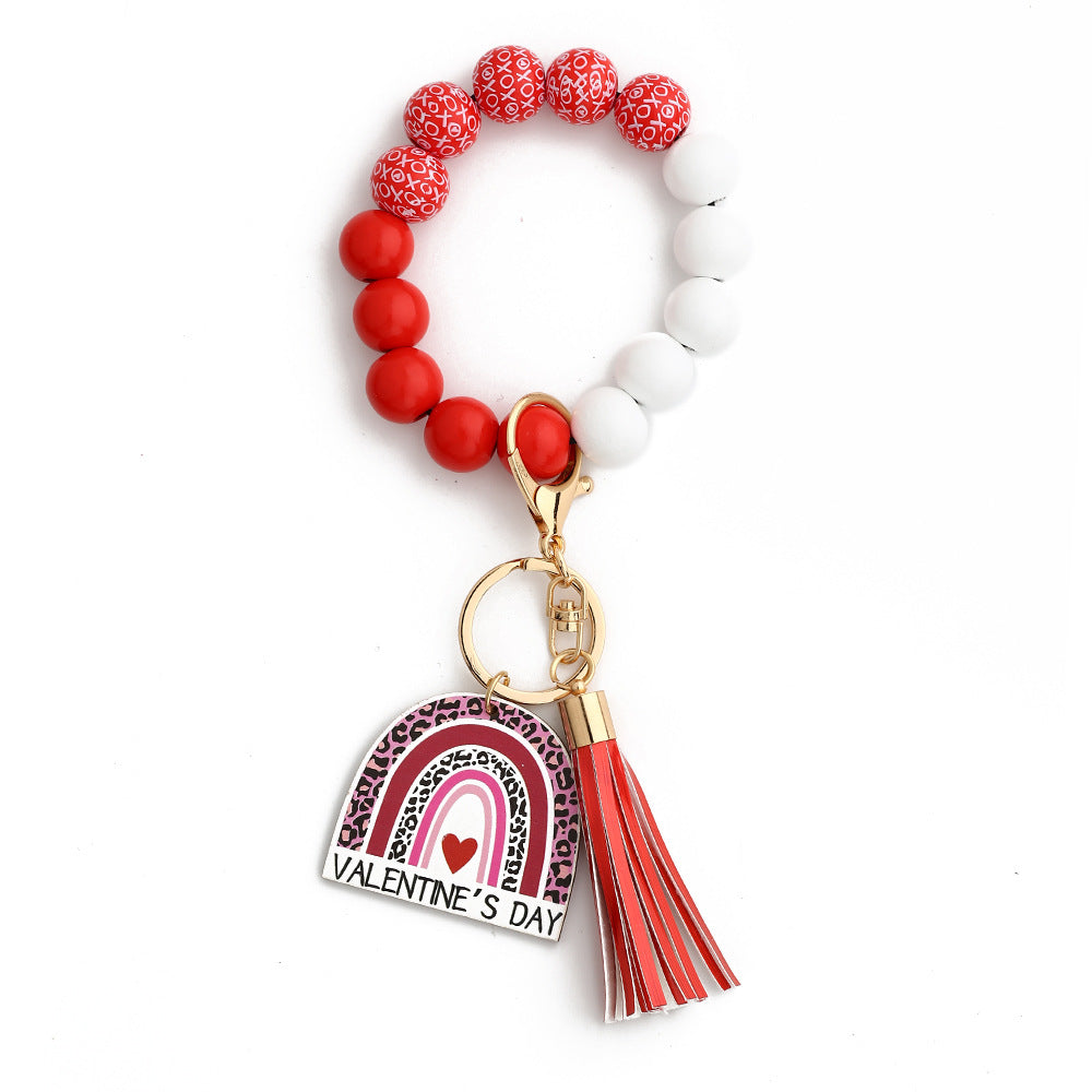 Wholesale Valentine's Day Gift Rainbow Love Wooden Beads Beaded Wrist Keychain