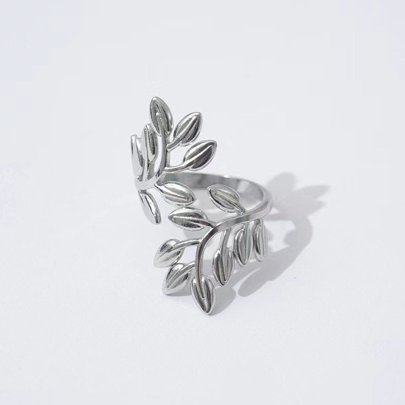 Wholesale Titanium Steel Open Ring Leaf Shape Adjustable Ring