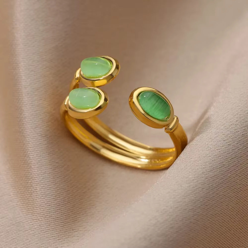 Wholesale Cross-border Light Luxury Retro Style Green Zircon Open Ring 18K Gold Plated Emerald High-grade Finger Ring Jewelry