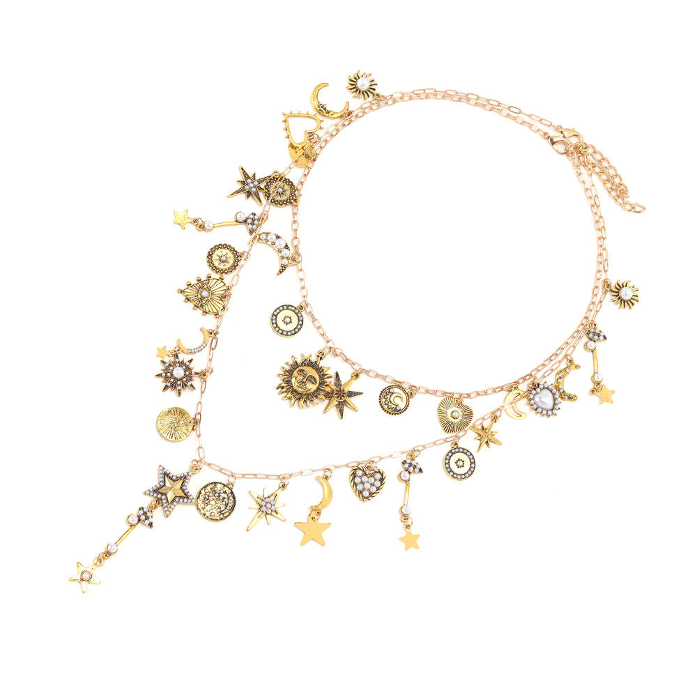 Wholesale  Light Luxury Style Hand-Spliced Multi-Layer Sun Star Moon Pendant Necklace