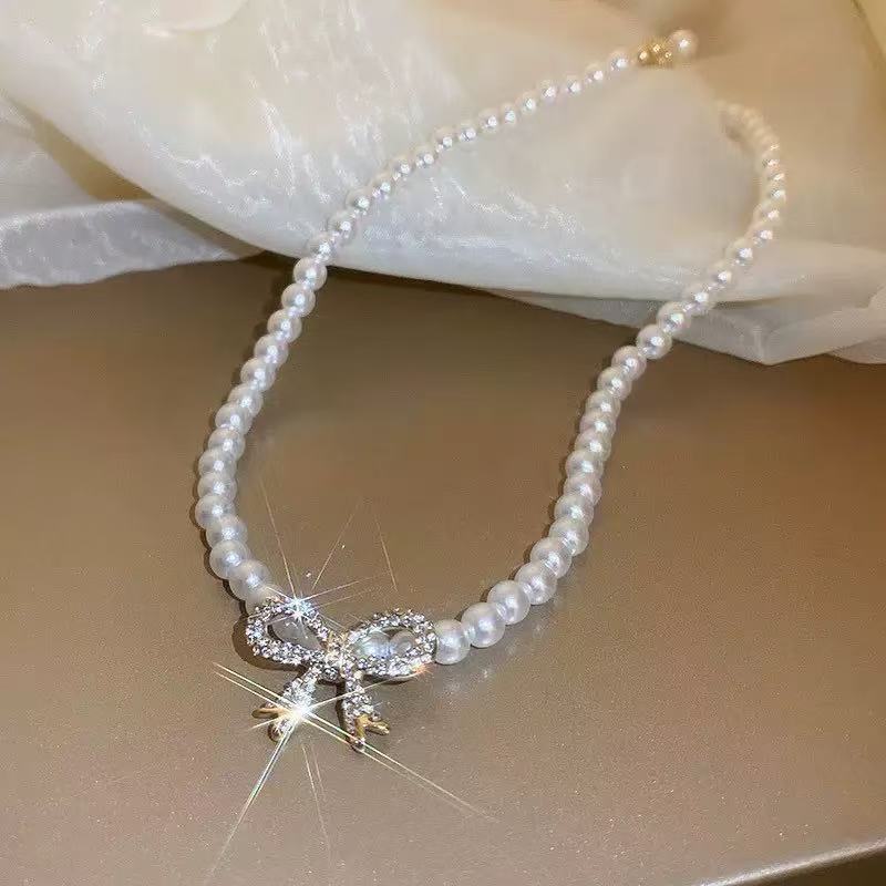Wholesale French Style Glass Pearl Bowknot Necklace Trendy Handmade Collarbone Chain For Party Dress Jewelry Accessory