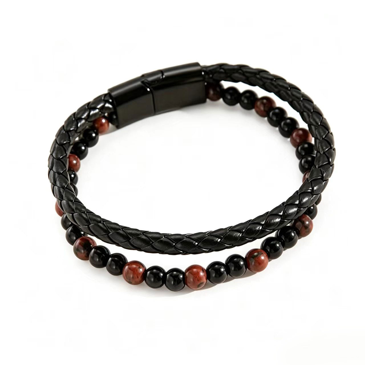 Wholesale Elegant Men S Handmade Multi Layer Cowhide Braided Bracelet With Volcanic Stone Stainless Steel Magnetic Clasp Fashion Accessory
