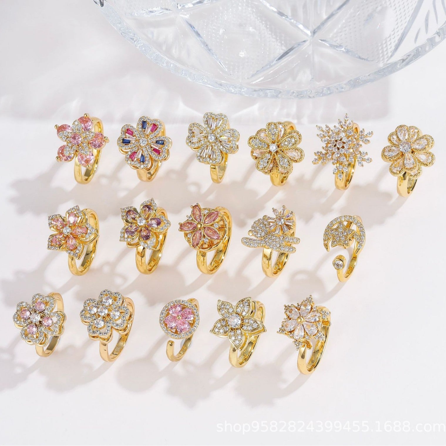 Wholesale 360° Rotating Double-Layer Flower Ring Gold Plated Zircon Fashion Accessory Boutique Gift