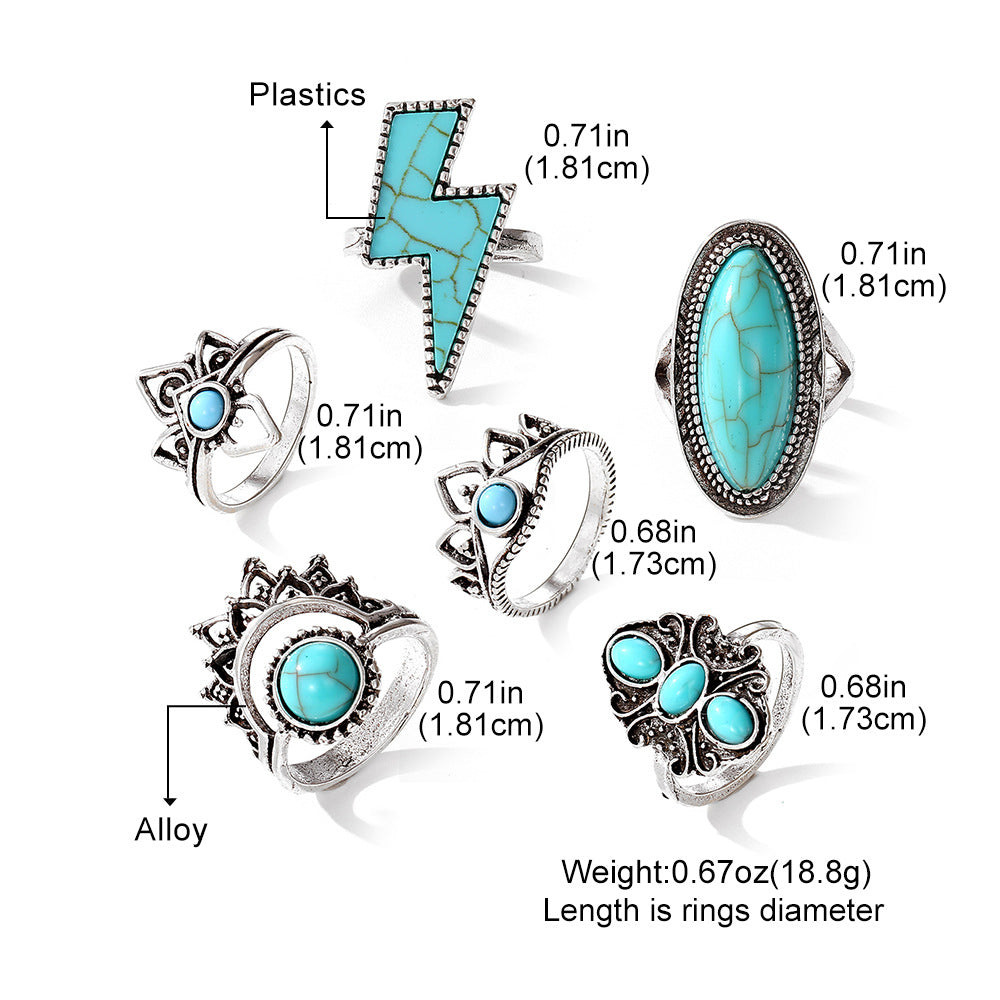 Wholesale  ethnic style retro inlaid turquoise lightning ring set
