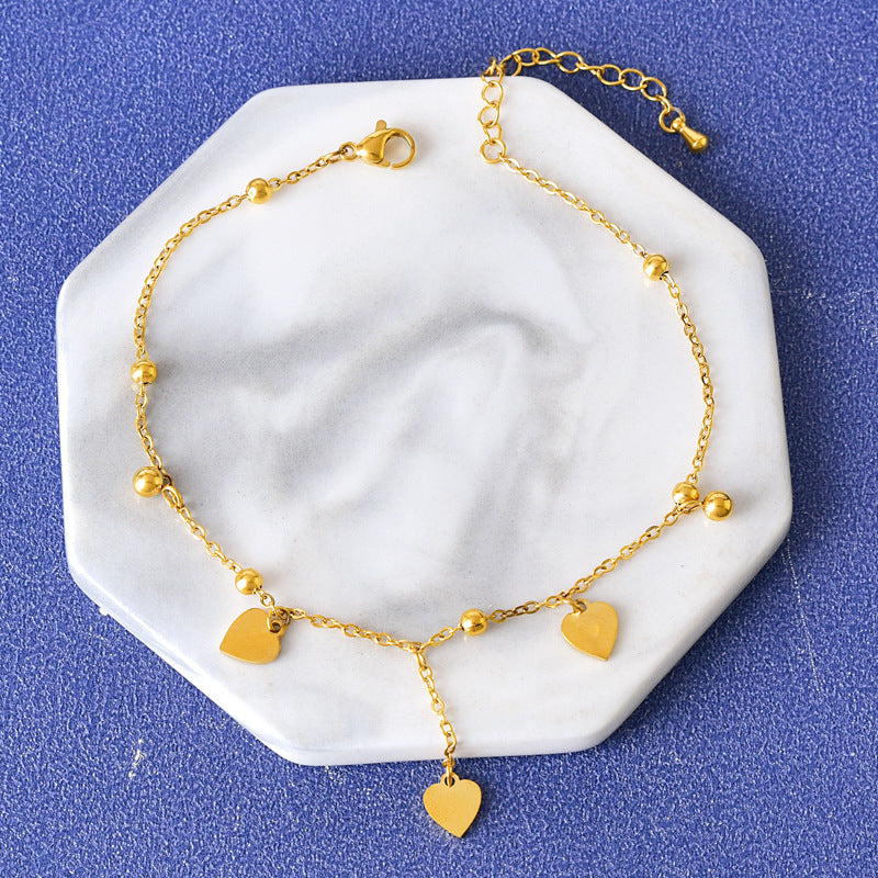 Wholesale bead love tassel anklet stainless steel plating 18k gold color heart-shaped anklet