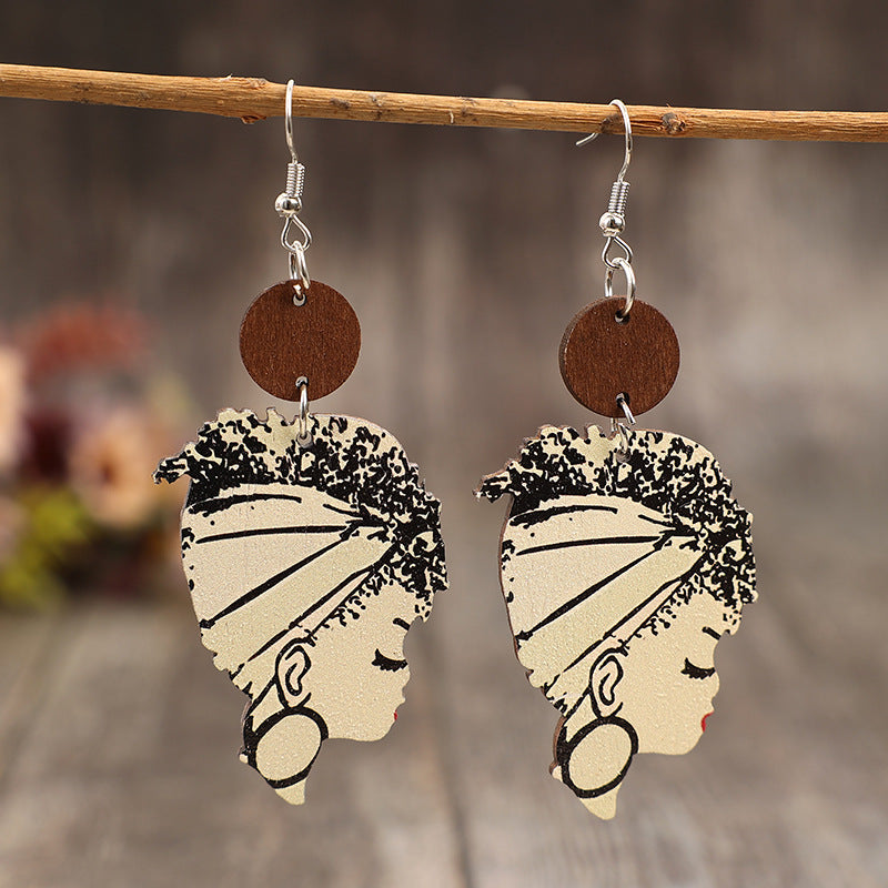 Wholesale Bohemian Retro African Portrait Wooden Earrings