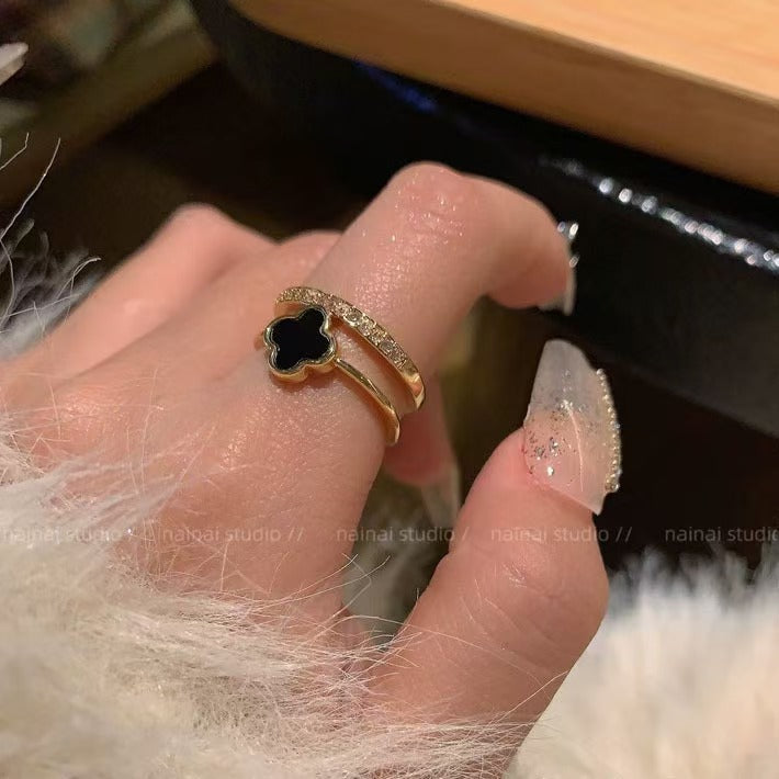 Wholesale Alloy Double Layer Open Four Leaf Clover Ring Black Drip Glaze Electroplated Finish Stylish Women S Everyday Wear Fashion Accessory