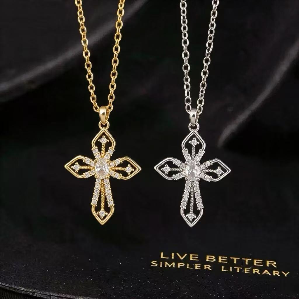Wholesale Gold Plated Copper Zircon Cross Pendant Necklace With Bow Design For Women Stylish Casual Jewelry Accessory For Boutique Resale