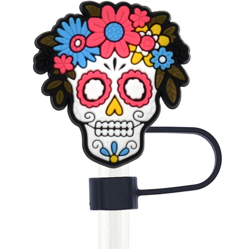 Wholesale Random 100pcs Day of the Dead Skull 10mm PVC Soft Straw Tube Cap ACC-SCR-RYY099