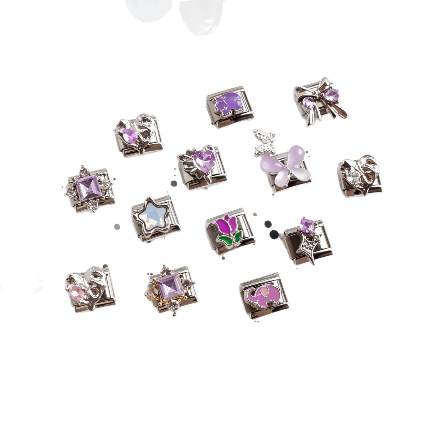 Wholesale Stainless Steel Italian Modular Bracelet with Purple Gemstone Hippo Elephant Charms DIY Elastic Jewelry Accessory