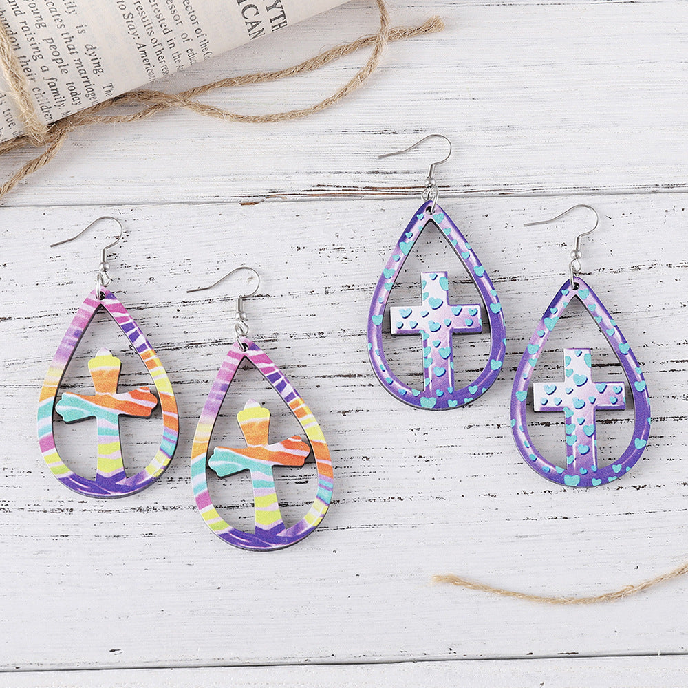 Wholesale Easter Egg Basket Hollow Water Drop Wooden Double Sided Earrings