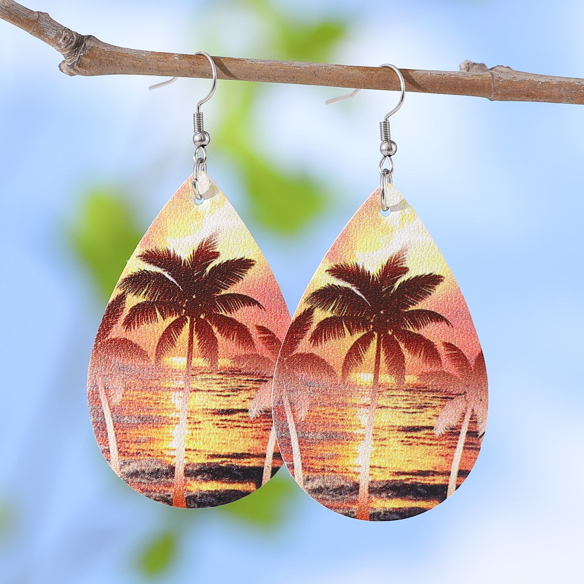 Wholesale  Ocean Wind Coconut Tree Beach Wave PU Double-sided Water Drop  Earrings