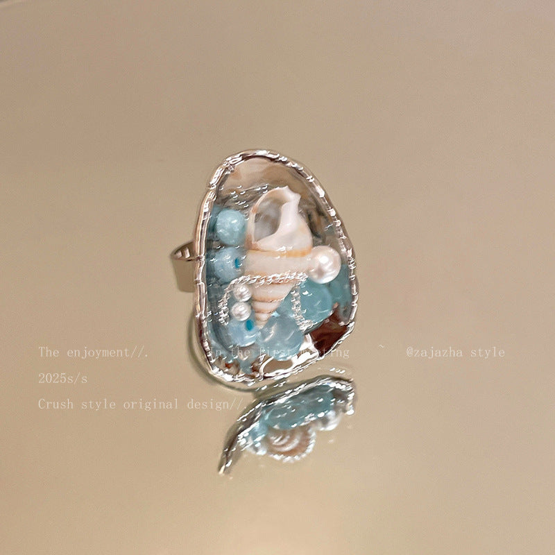 Wholesale Shell Beaded Geometric Open Ring - Sea Breeze Vacation Style Jewelry Accessory for Women