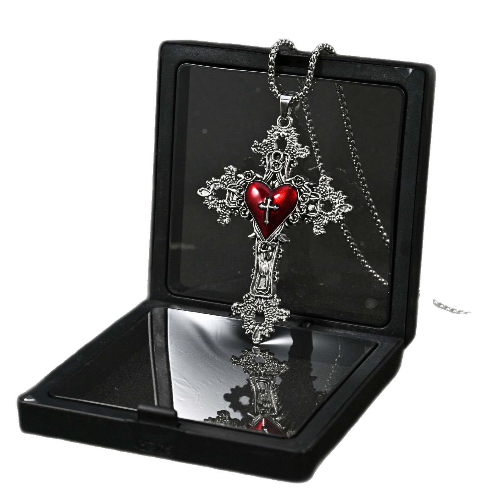 Wholesale Gothic Vampire Punk Rock Cross Pendant Necklace Pink Enamel Finish Stainless Steel And Zinc Alloy Square Pearl Chain Jewelry Accessory For Boutique Resale
