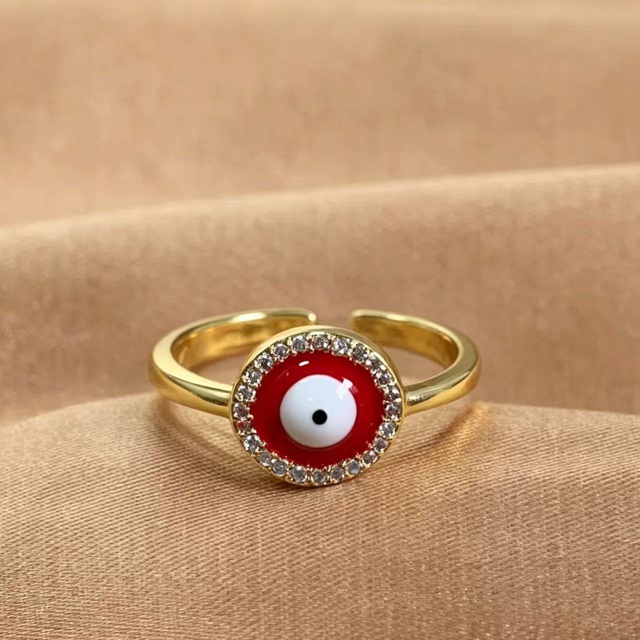 Wholesale 18K Gold Plated Brass Devil' s Eye Open Ring with Blue Zircon Jewelry Accessory