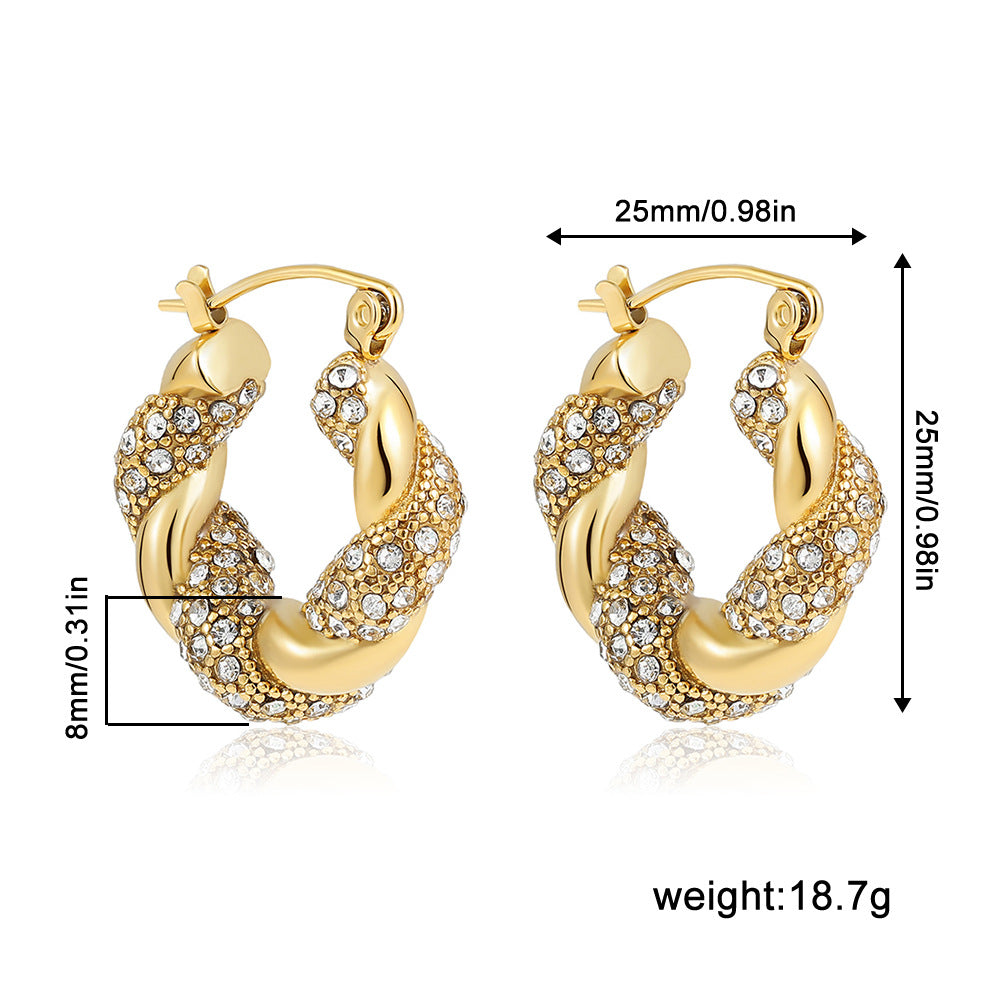 Wholesale  Stainless Steel Plated 18K Gold Kink Earrings with Diamond Twist Pearl Exaggerated Full Diamond Ear Ring