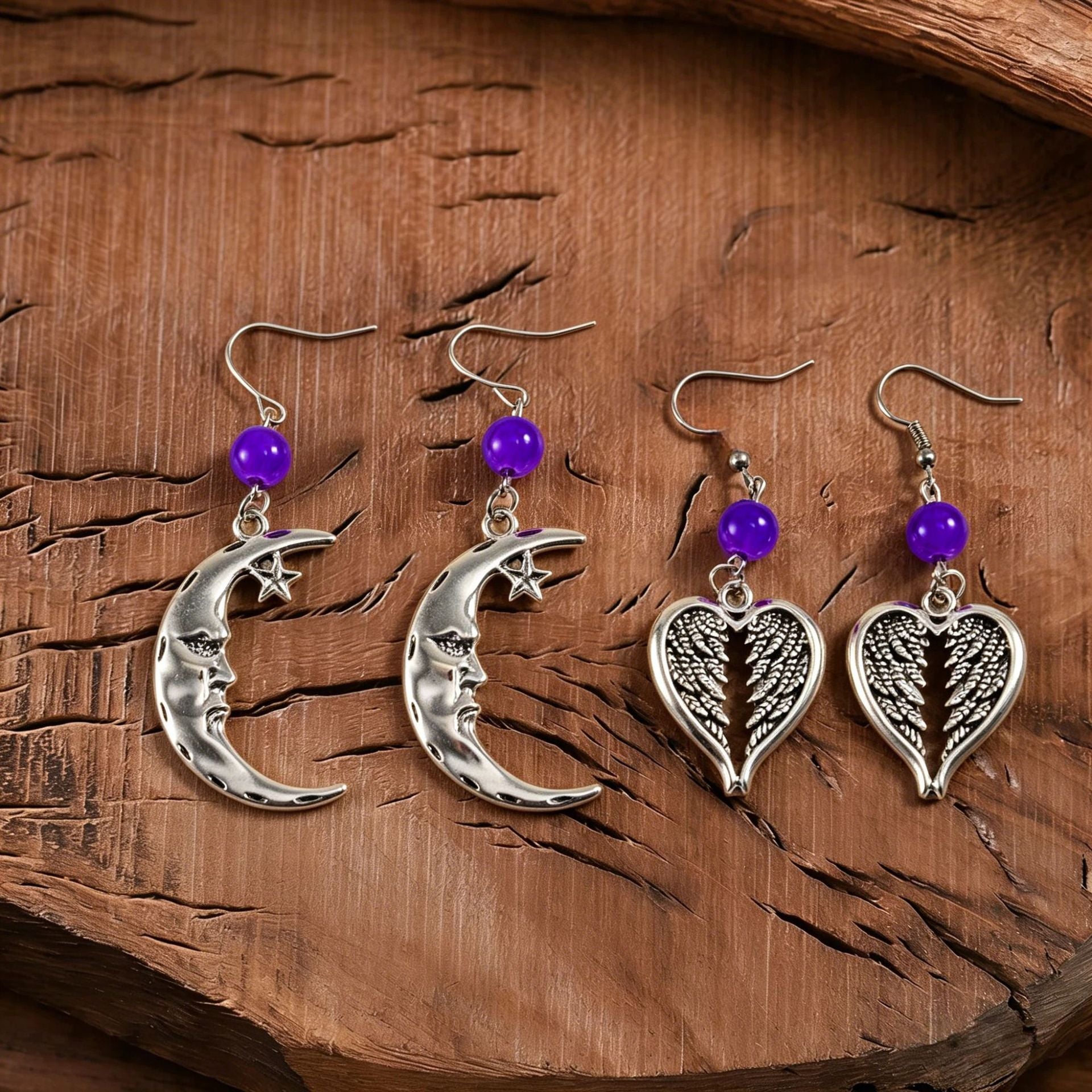 Wholesale Cross-Border European and American Style Retro Crescent Ear Hooks,  Angel Wings Earrings for Women,  High-End Sun Pattern Design,  Elegant and Light Luxury