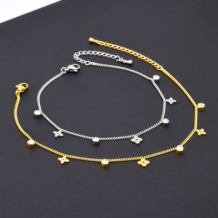 Wholesale Glossy Flower Zircon Anklet 18k Gold Titanium Steel ACC-AS-JinLang001