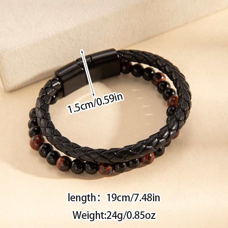 Wholesale Elegant Men S Handmade Multi Layer Cowhide Braided Bracelet With Volcanic Stone Stainless Steel Magnetic Clasp Fashion Accessory