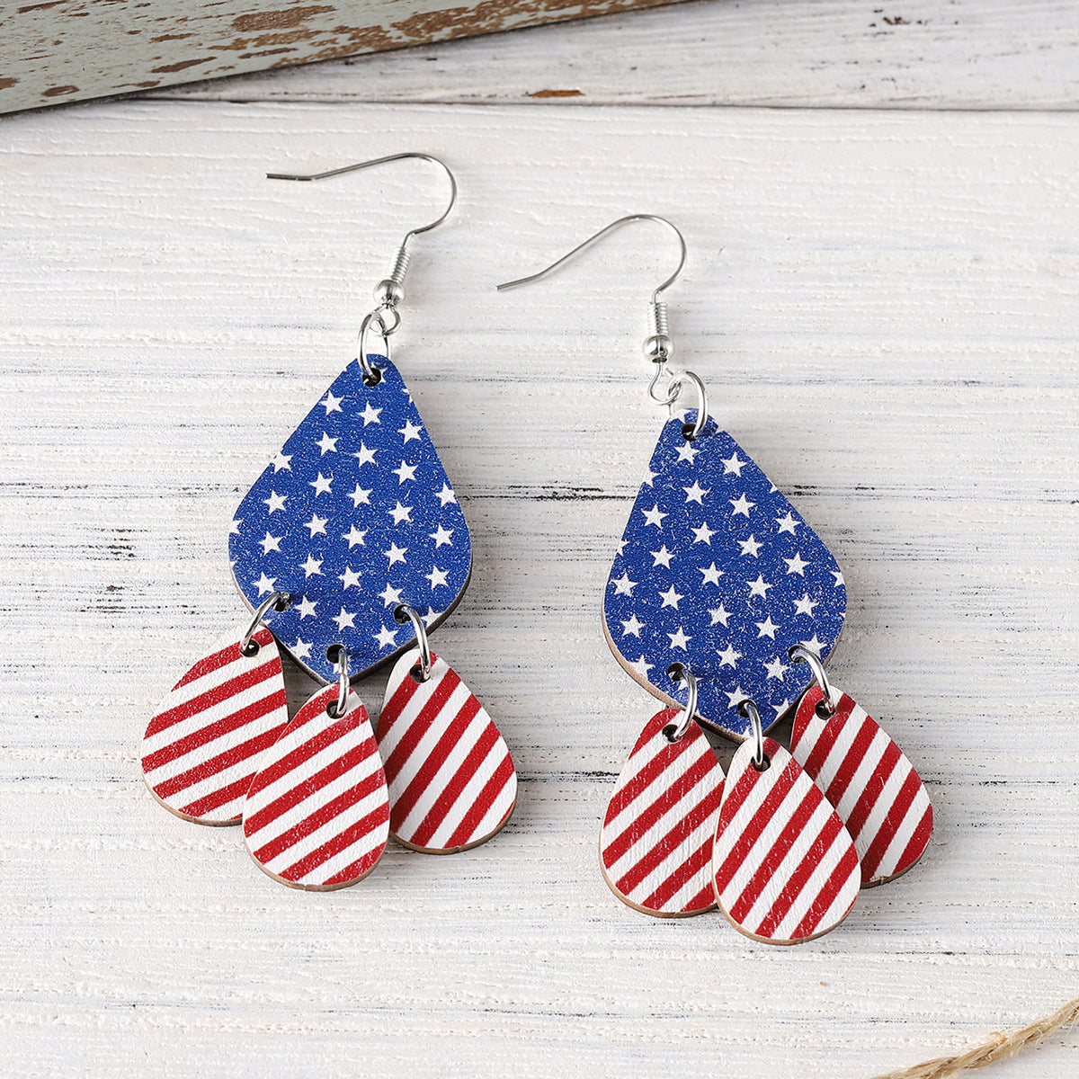 Wholesale Independence Day red, white, blue, star, stripe, water drops, bohemian drop earrings