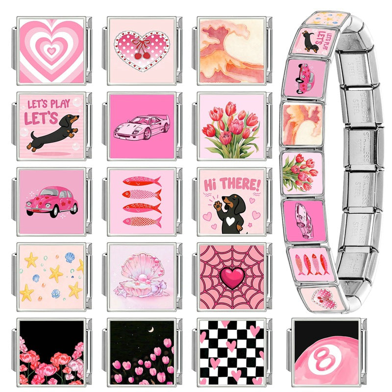 Wholesale Italian Style DIY Pink Heart Pet Car Theme Stainless Steel Bracelet Jewelry Accessory