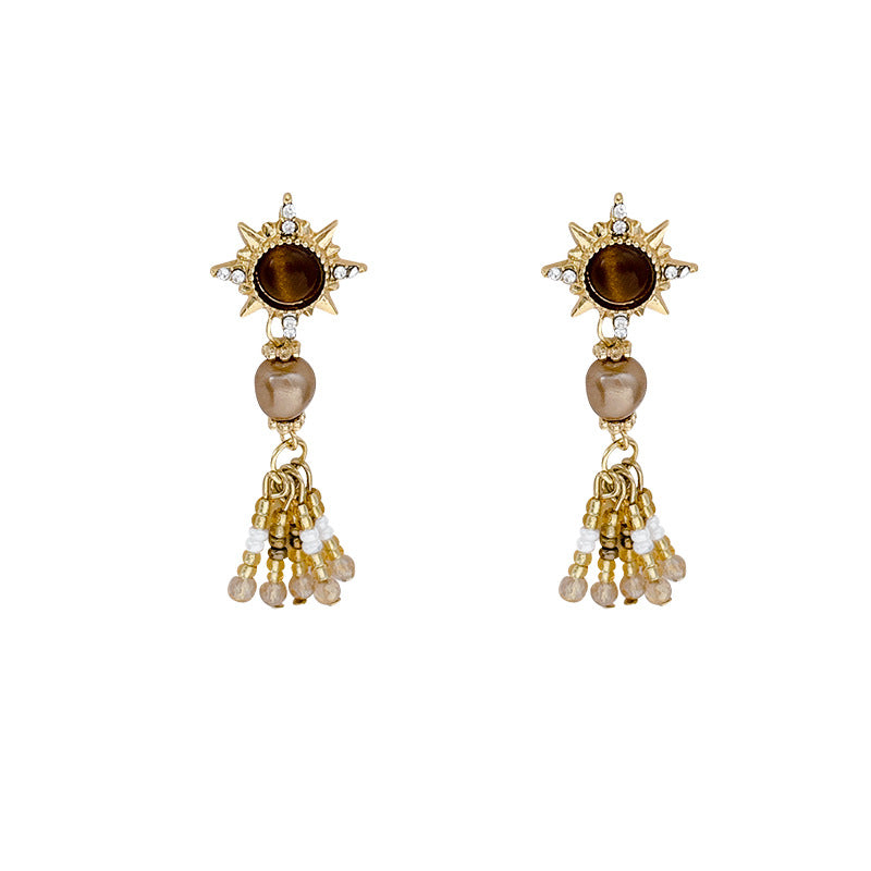 Wholesale Retro Caramel Tiger Eye Stone Pearl Tassel Earrings Eight Pointed Star Drop Earrings For Women Party Jewelry Accessory For Boutique Resale