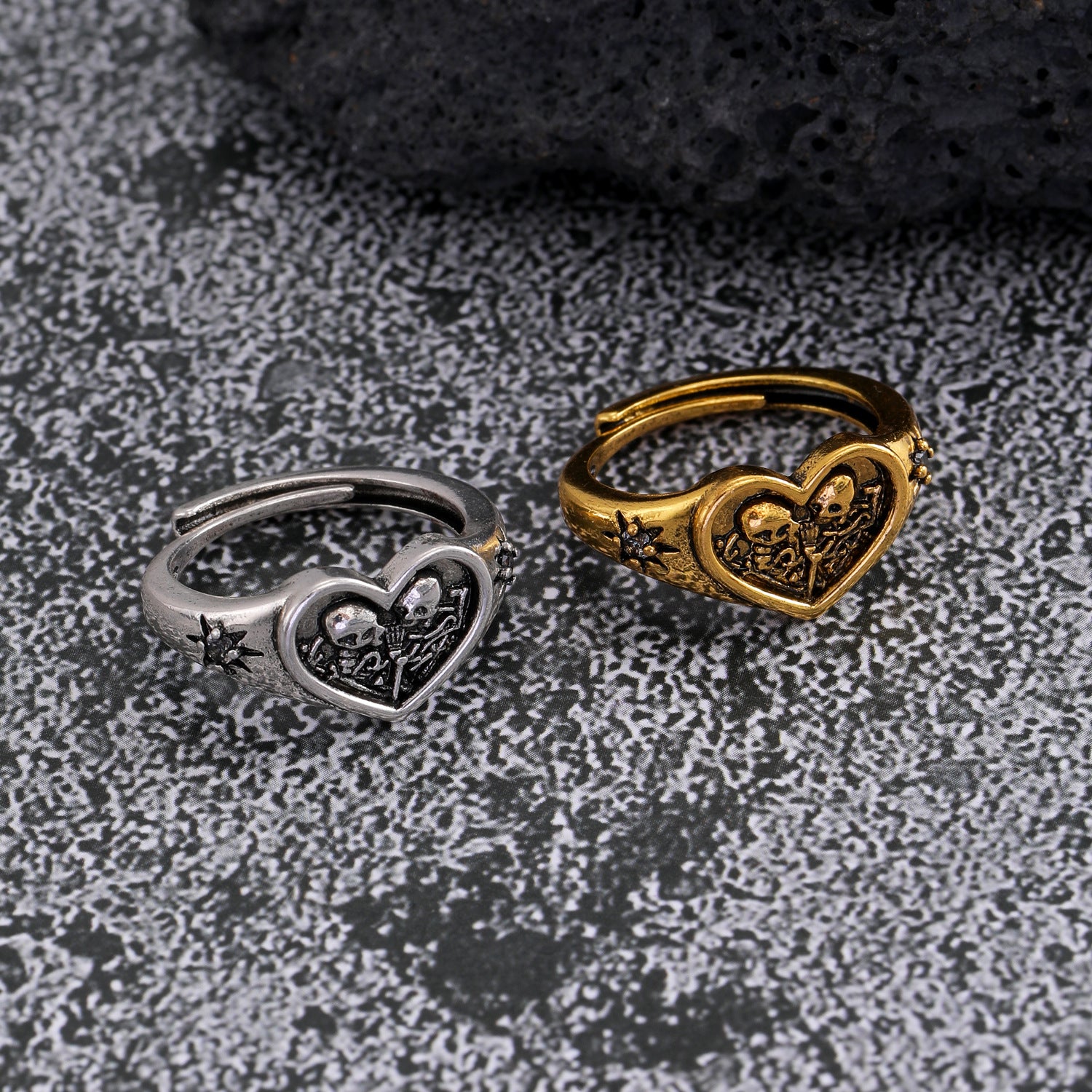 Wholesale heart double skull starburst open ring