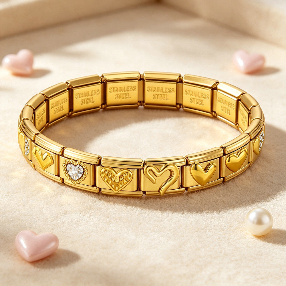 Wholesale Chic Gold Tone Stainless Steel Heart Rhinestone Modular Bracelet DIY Elastic Bangle Fashion Accessory For Resale Party