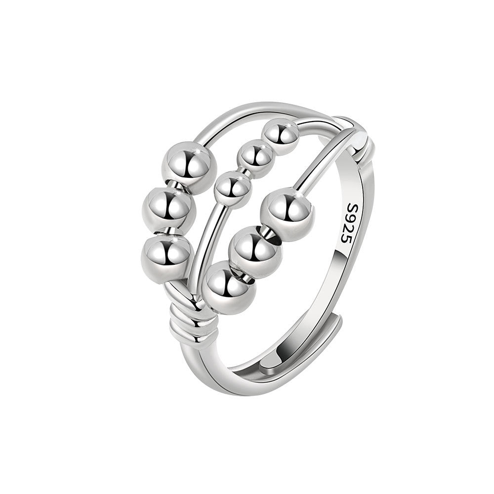 Wholesale  S925 sterling silver double-layer staggered anti-compression bead rotatable ring