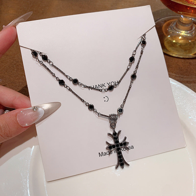 Wholesale Dark Style Silver Cross Choker Necklace Copper Electroplated Double Layer Jewelry Accessory