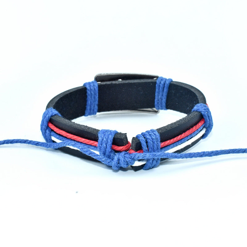 Wholesale European and American style zinc alloy Puerto Rican flag genuine leather bracelet,  men' s hibiscus macadamia flower wholesale woven bracelet