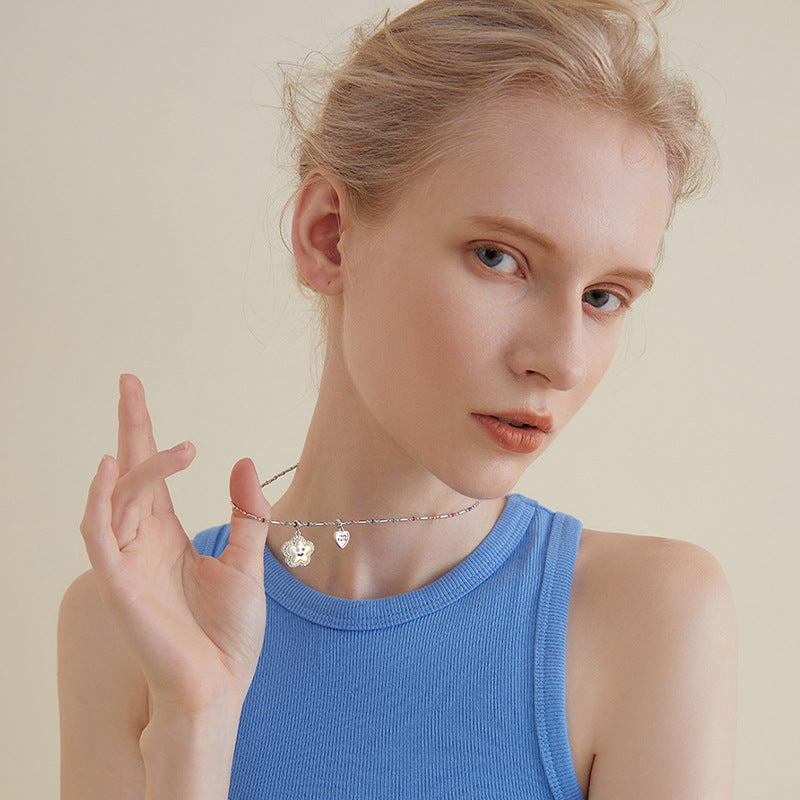 Wholesale Titanium Steel Smiley Flower Beaded Necklace Girls' Light Luxury Necklaces