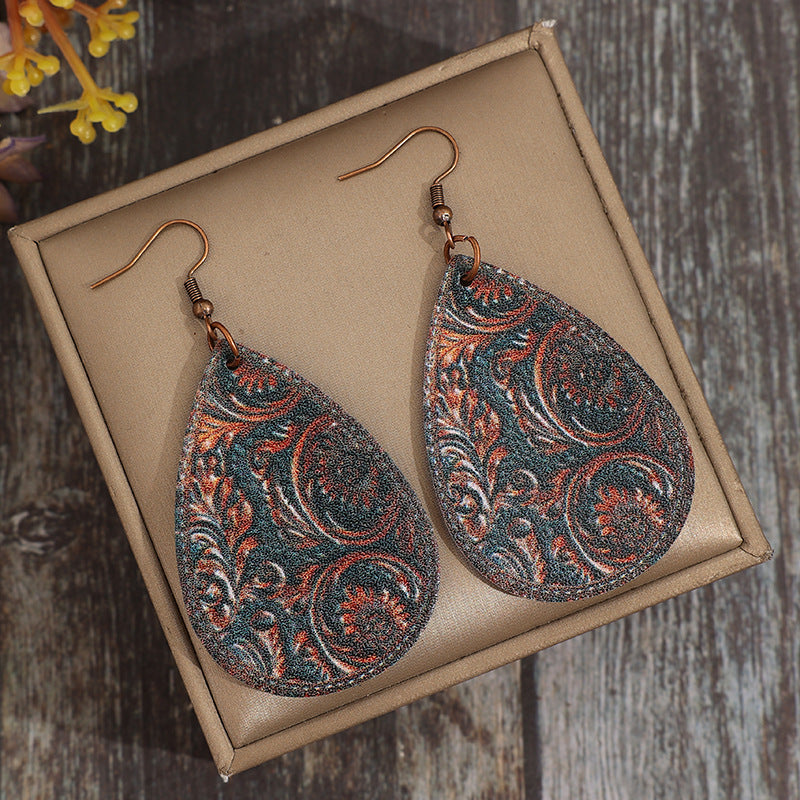 Wholesale Ethnic style water drop pattern PU leather earrings