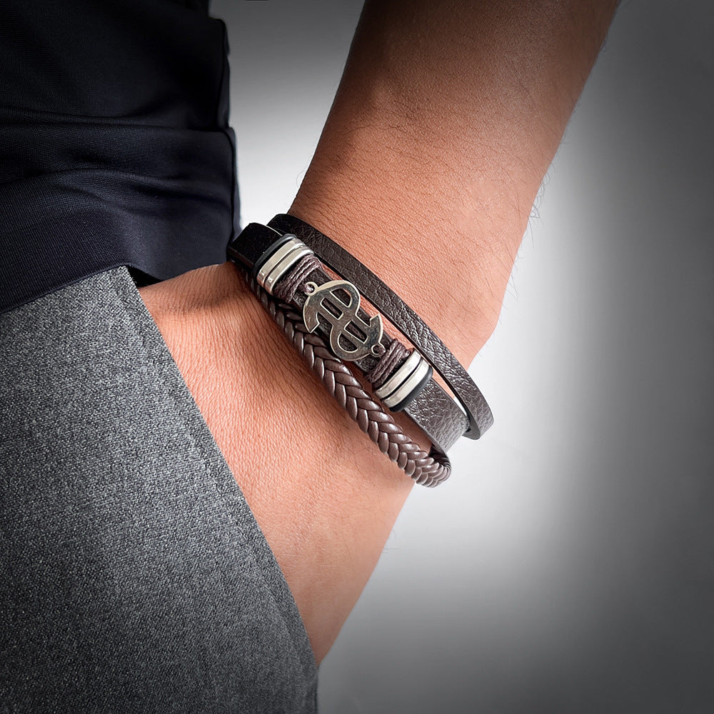 Wholesale Stylish Multi Layer Woven Faux Leather Bracelet For Men Punk Style With Titanium Steel Buckle Unisex Jewelry Accessory