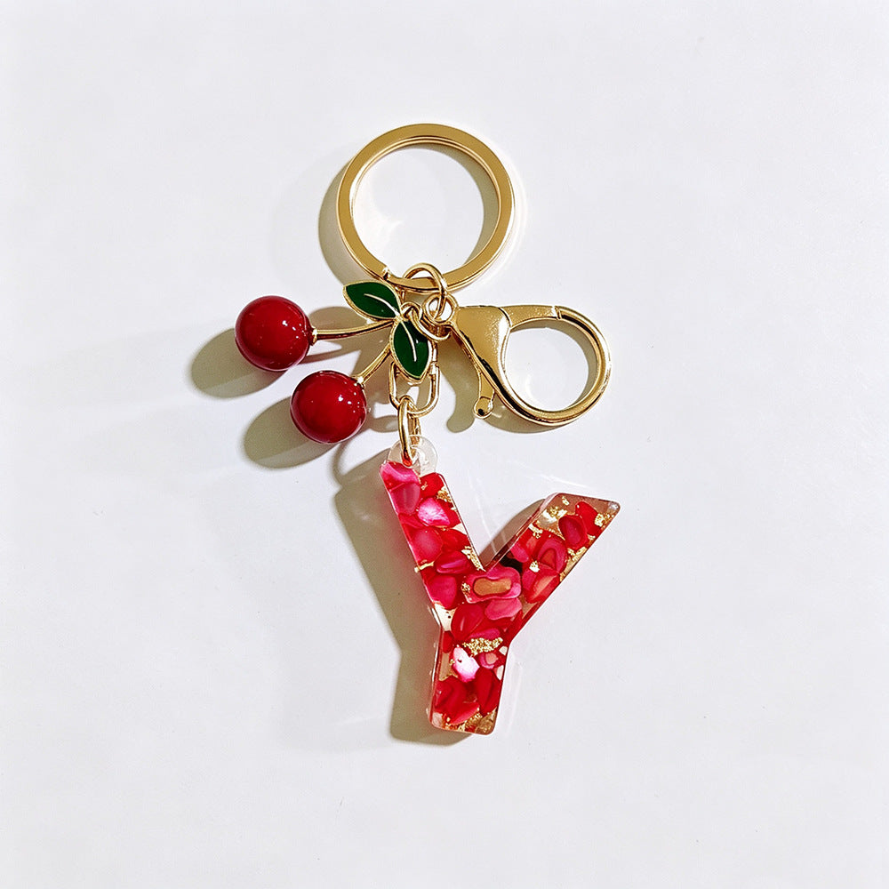Wholesale Stylish Letter Keychain With Cute Cherry Pendant Plastic Bag Charm And Car Key Accessory Gift