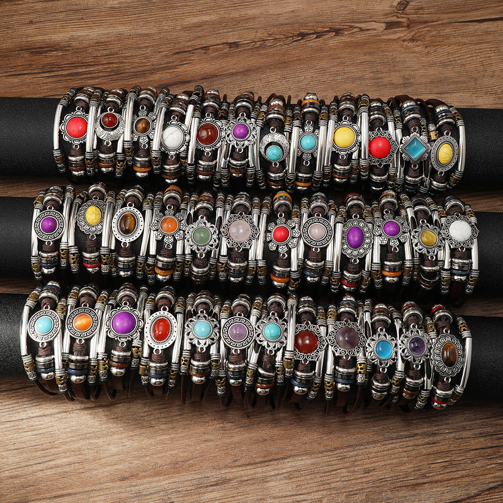 Wholesale Colorful Natural Stone Layer Stainless Steel Leather Bracelet