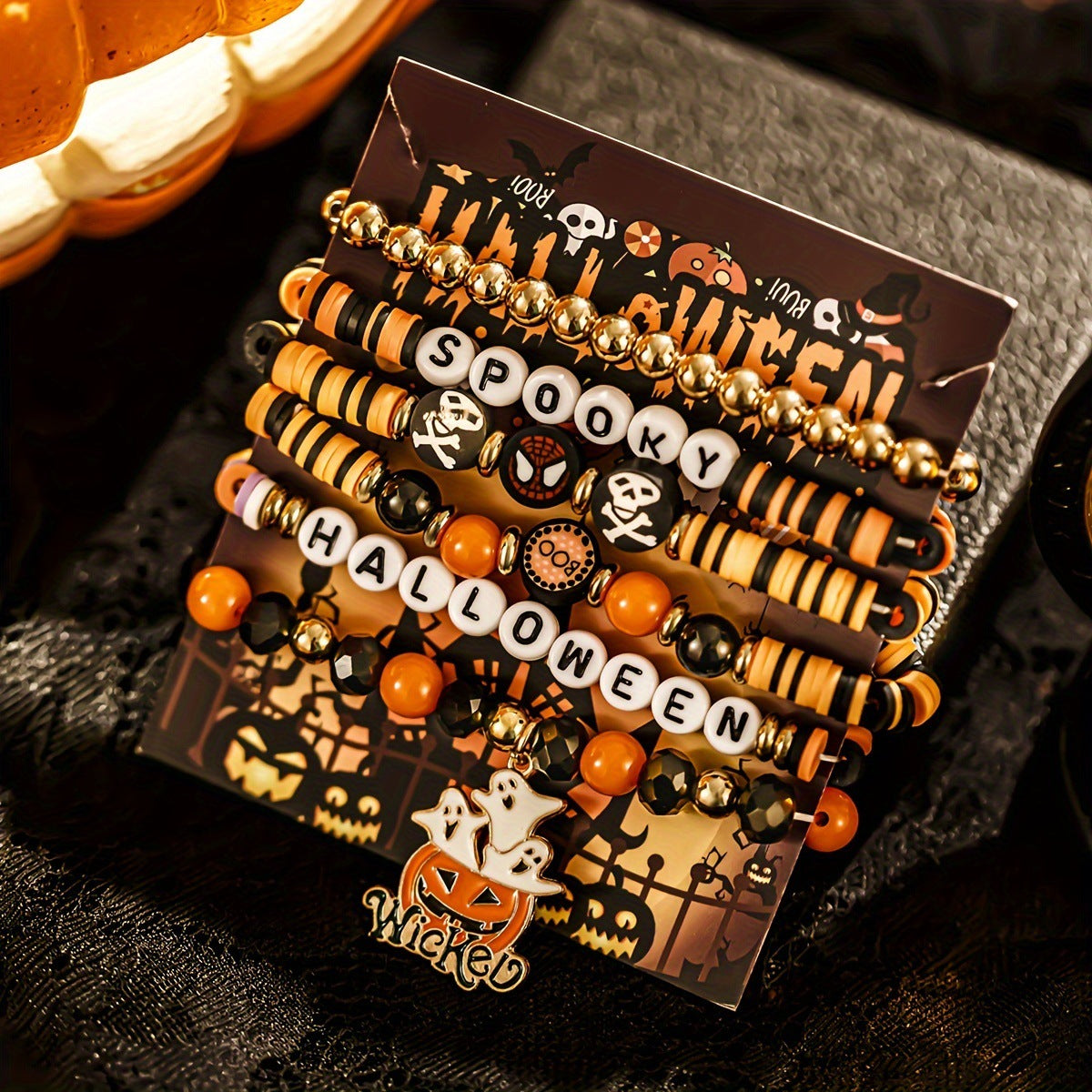 Wholesale 7-piece Halloween Pumpkin Ghost Black and Purple Polymer Clay Bracelet ACC-BT-FenRui010