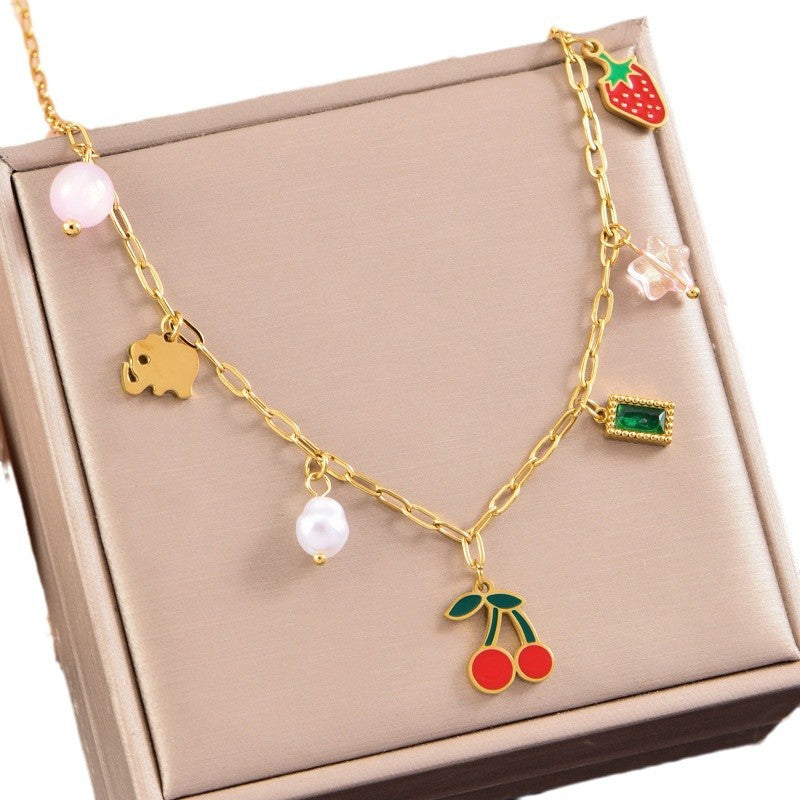 Wholesale cherry pendant necklace  multi-element strawberry pearl clavicle chain