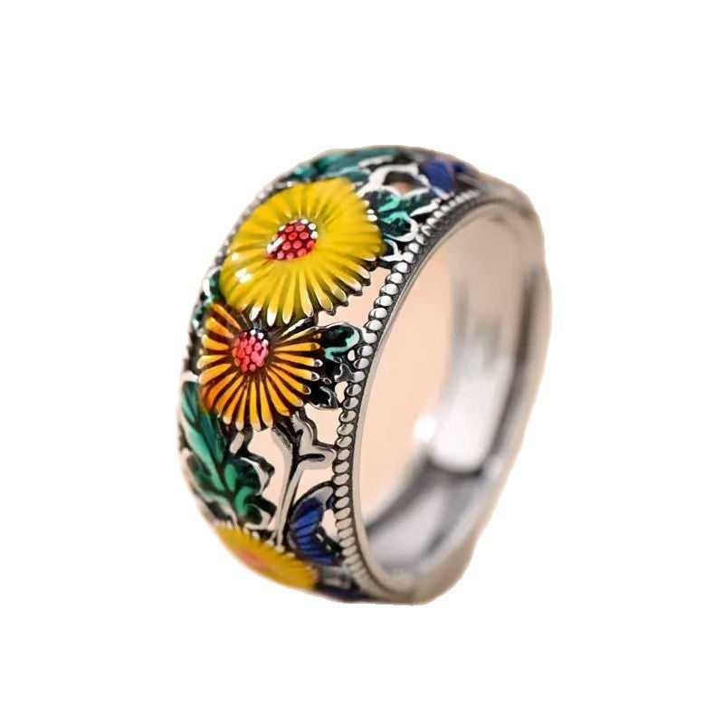 Wholesale Enamel Sunflower Ring Copper Vintage Adjustable Jaw Jewelry Accessory