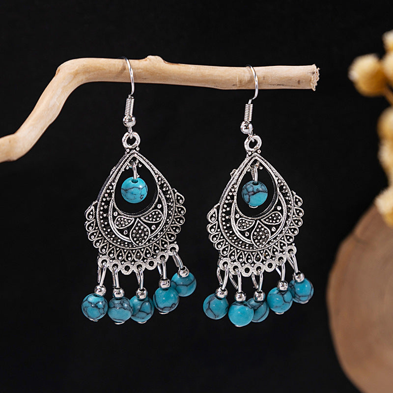 Wholesale retro ethnic style hollow flower tassel turquoise owl alloy earrings ACC-ES-MDD009